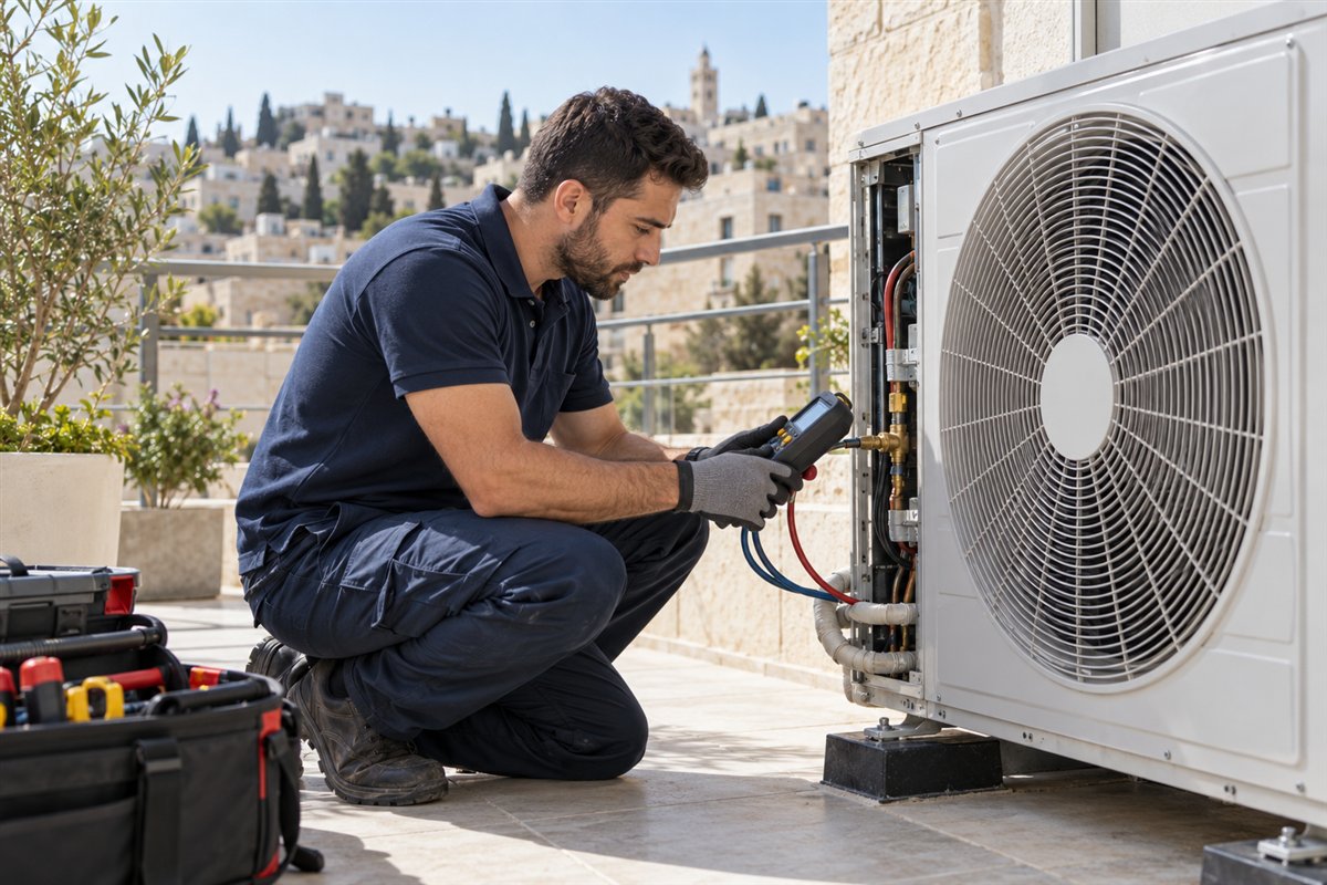 טכנאי בודק יחידה חיצונית של מזגן במרפסת בטוחה